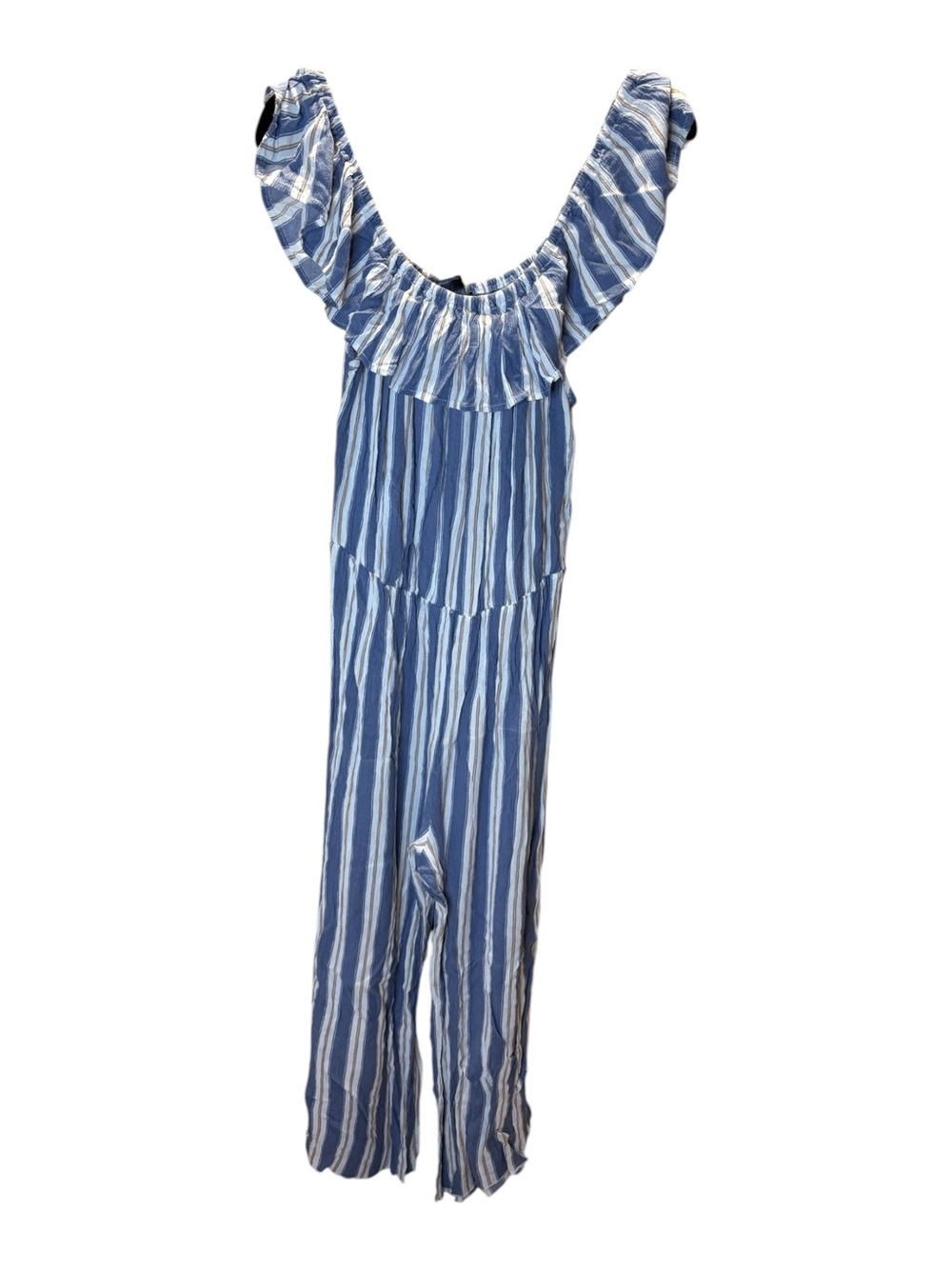 See You Monday Blue Stripe Ruffled Jumpsuit
